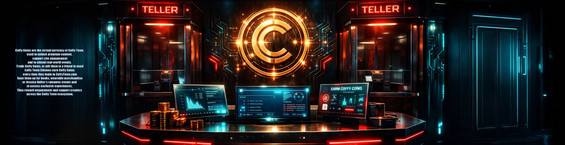Coffy Coin teller hall — glowing Coffy Coin emblem above neon teller windows and earning terminals