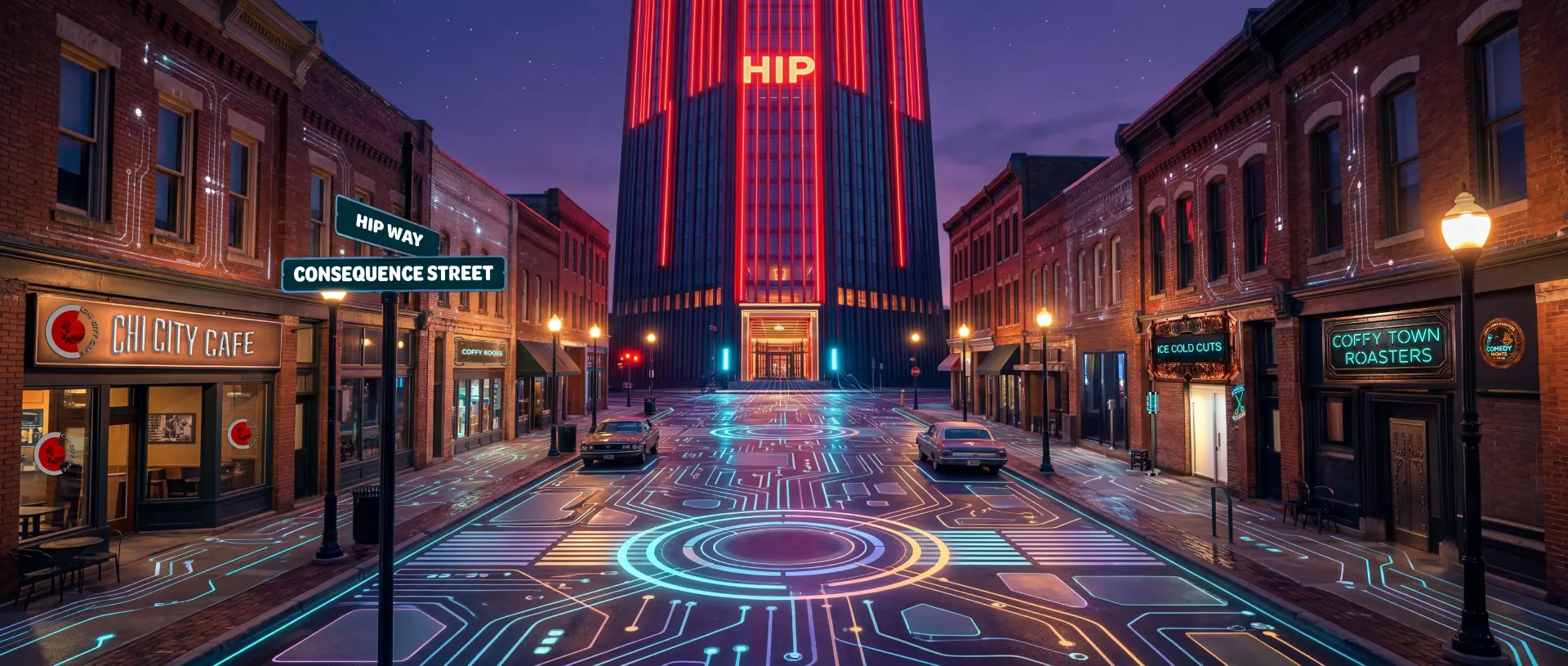 HIP Way and Consequence Street — neon circuit pavement beneath the HIP IP Tower