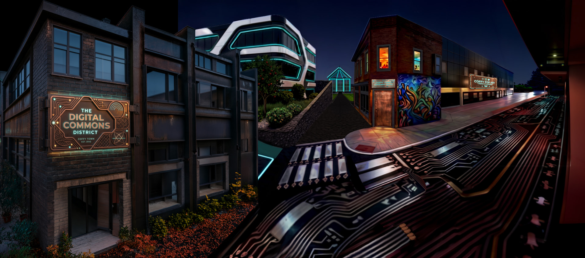 Creative Commons District at night with Coffy Pop Art storefronts