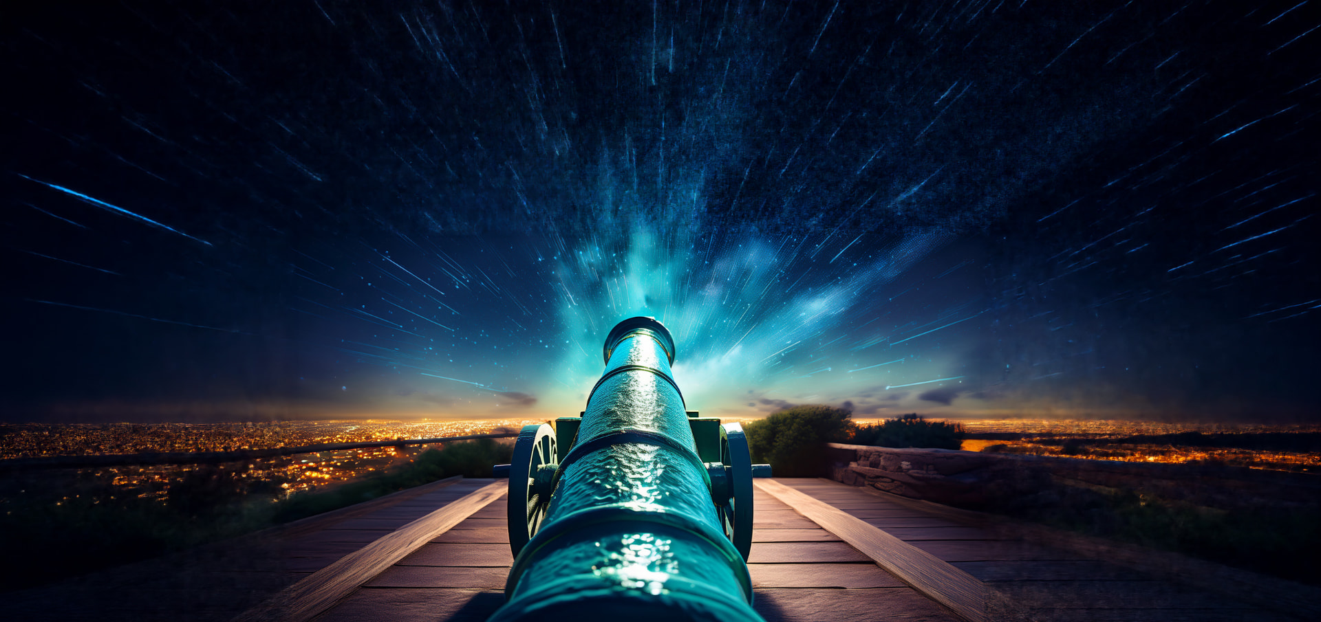The Coffy Town cannon firing teal light out over the neon skyline at night