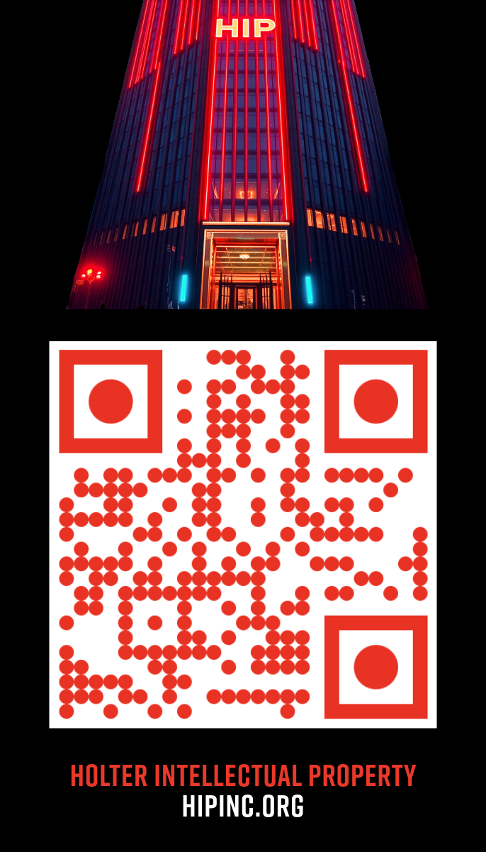 HIP IP Tower at night with a QR code linking to hipinc.org — Holter Intellectual Property
