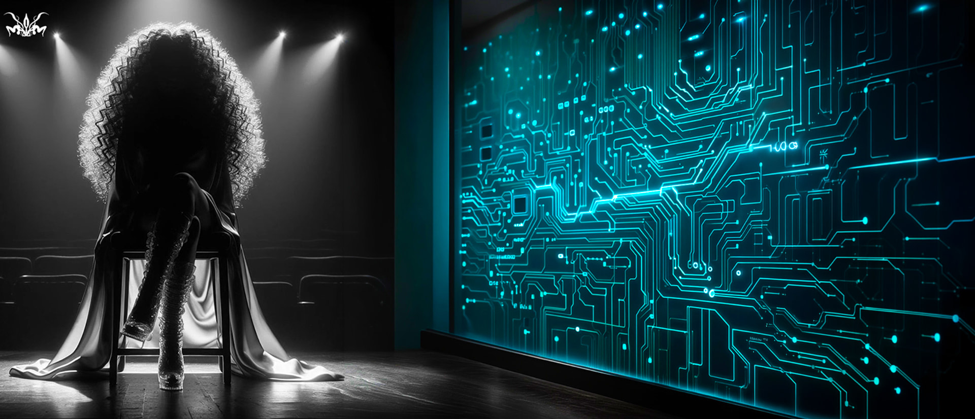 The Writer on stage beside a glowing circuit wall