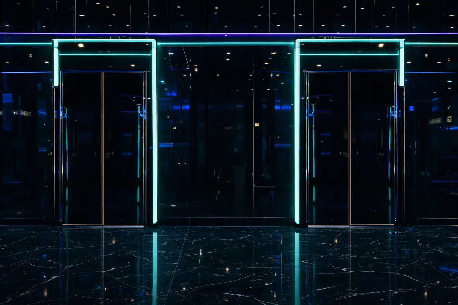 HIP IP Tower elevator bay with neon teal and purple lighting