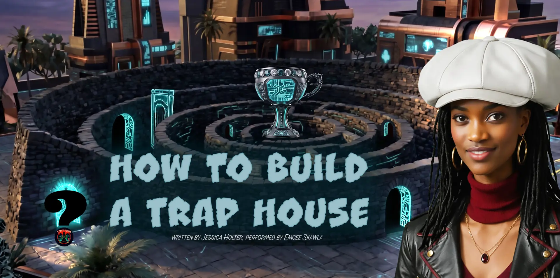 Emcee Skawla in front of the Black Stone Maze wall — How to Build a Trap House, written by Jessica Holter
