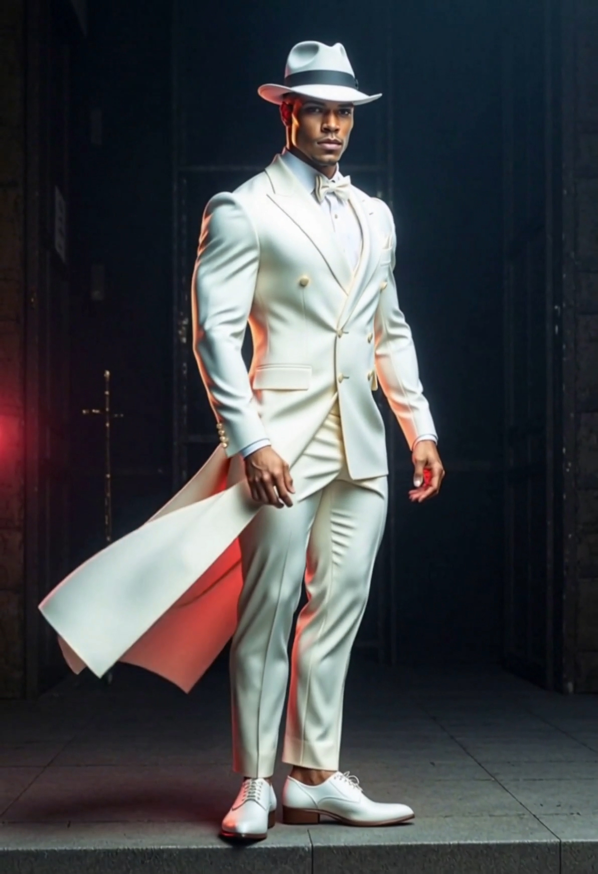 Detective Jimmy Caldwell in a white suit and fedora, standing in a shadowed alley beneath a red neon light.