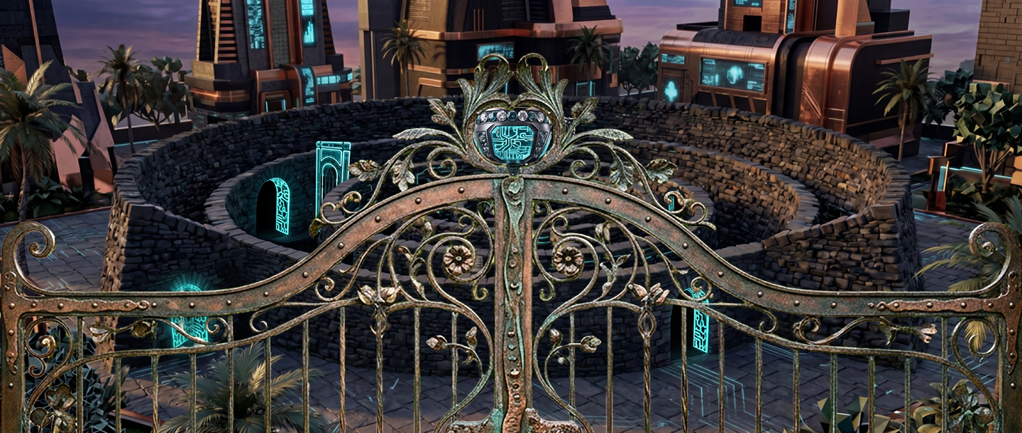 Black Stone Maze gate — wrought iron gate before a glowing stone labyrinth