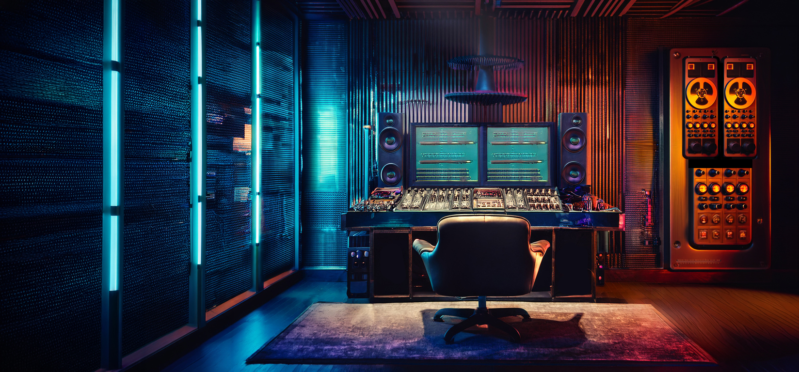 Coffy Town music room — a neon-lit mixing console studio with reel-to-reel decks