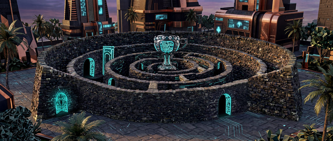 The Black Stone Maze from above, rings of black stone glowing with teal circuitry around a silver chalice