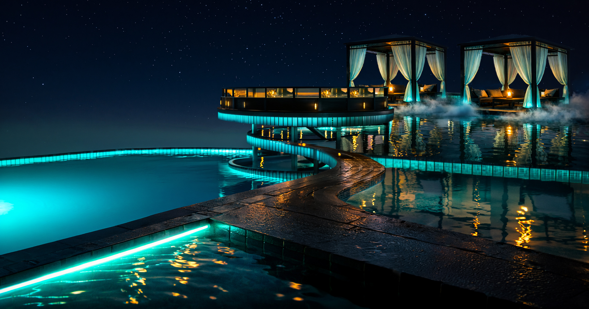Glowing teal infinity pool at night with lantern-lit cabanas and drifting mist
