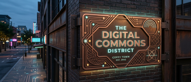 The Digital Commons District sign glowing on a brick wall