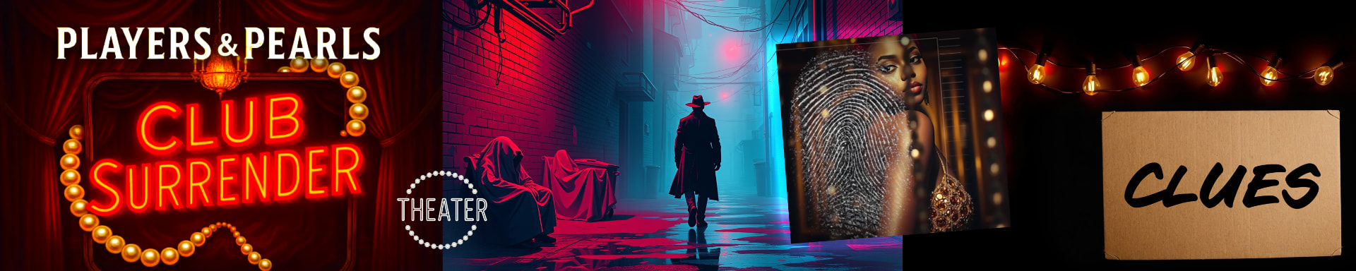 Club Surrender neon-noir banner: Players & Pearls Theater