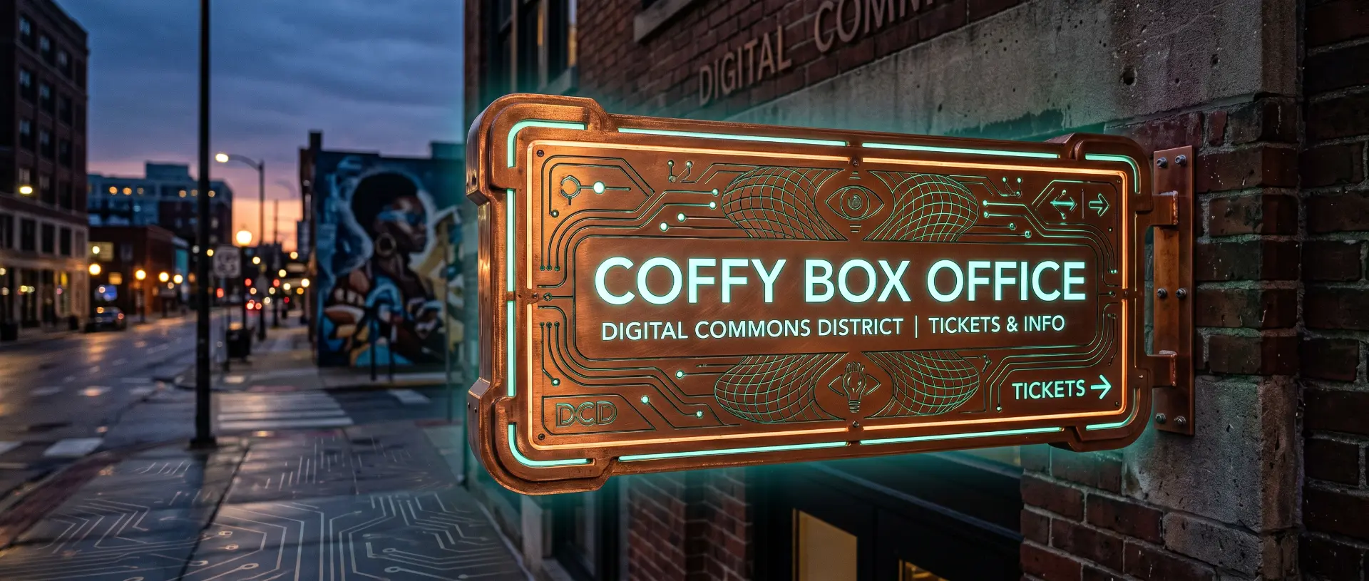 Coffy Box Office sign — Digital Commons District tickets and info
