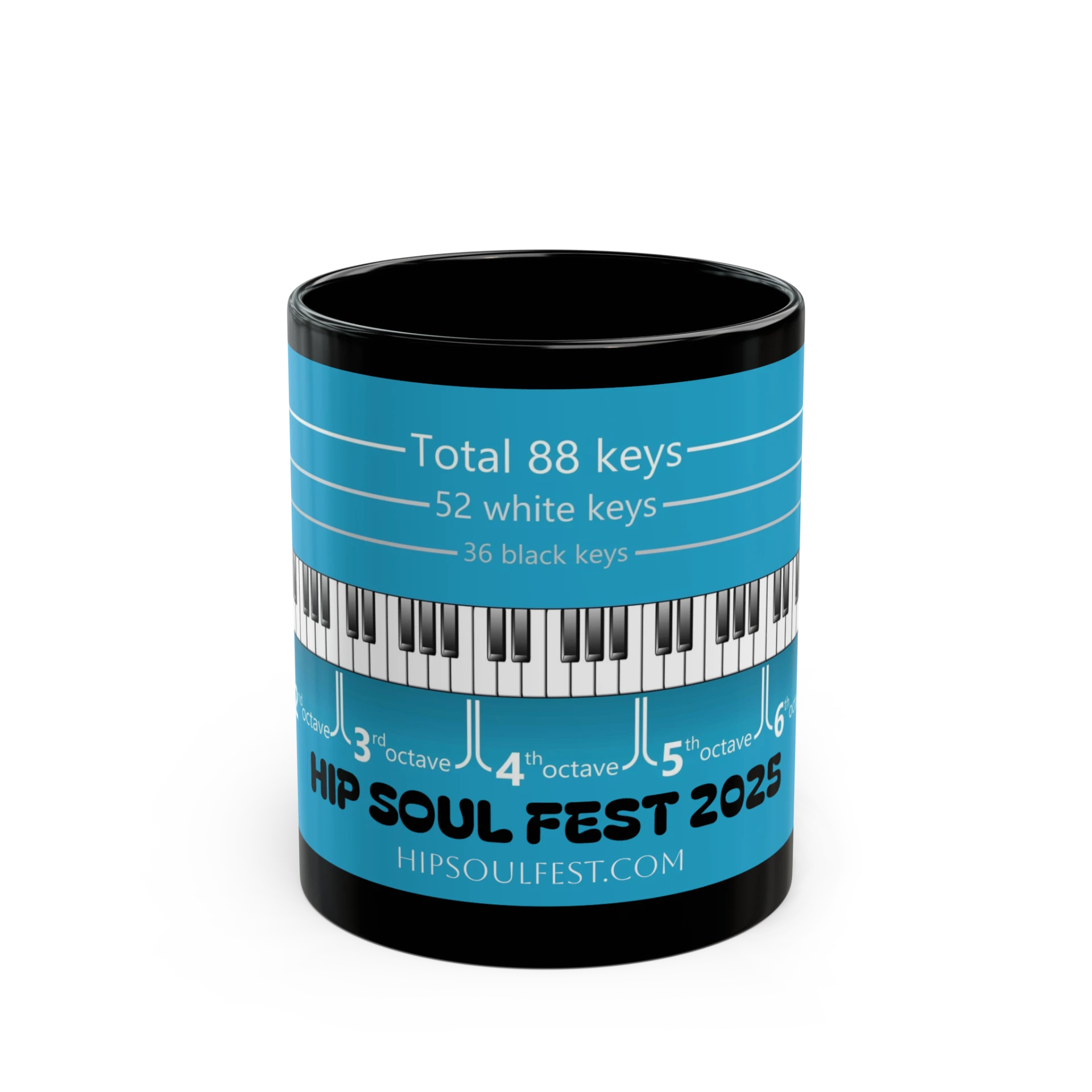 Blue and black mug with a piano keyboard graphic and HIP Soul Fest 2025
