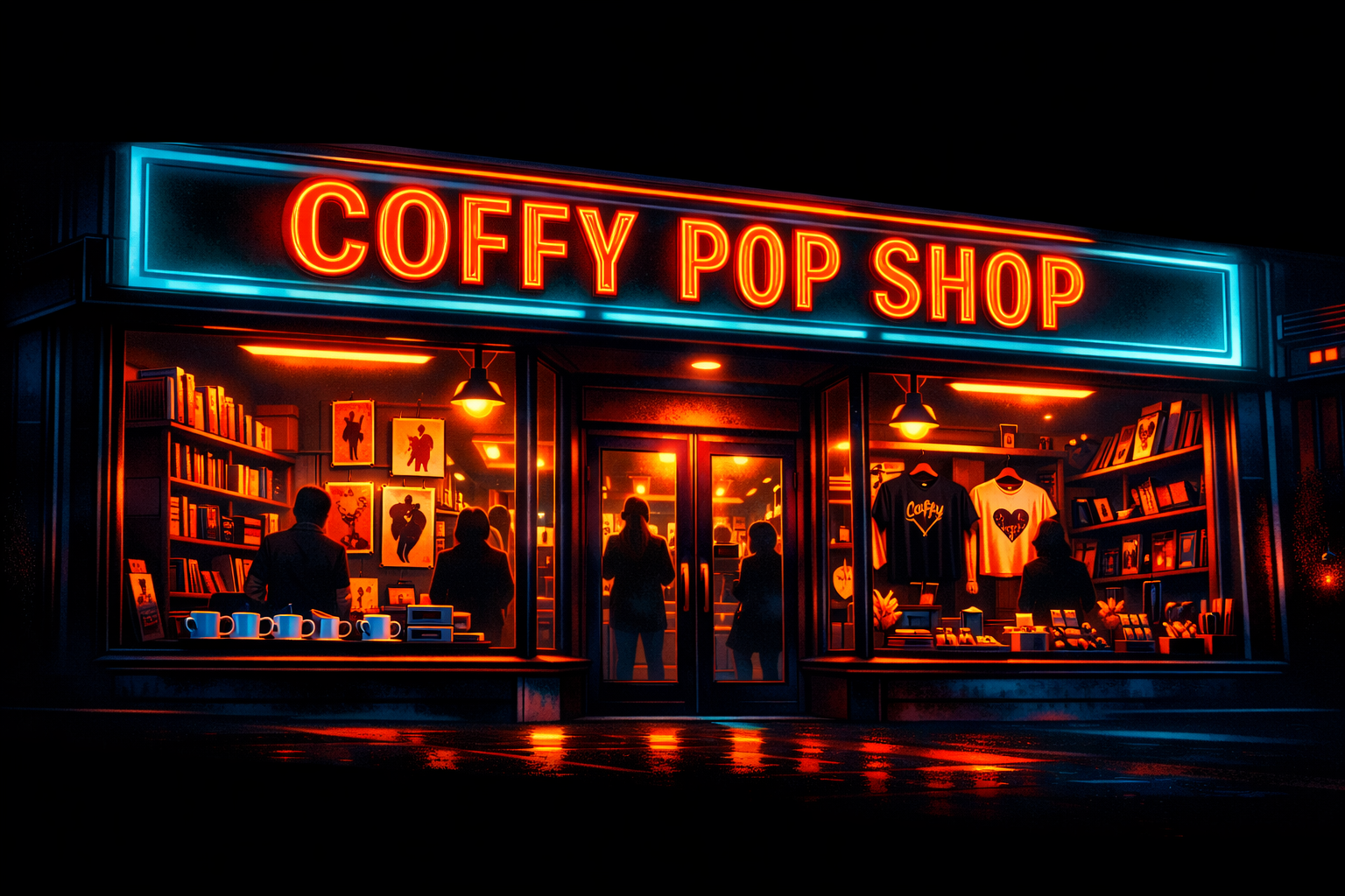Coffy Pop Shop storefront with teal and copper neon sign