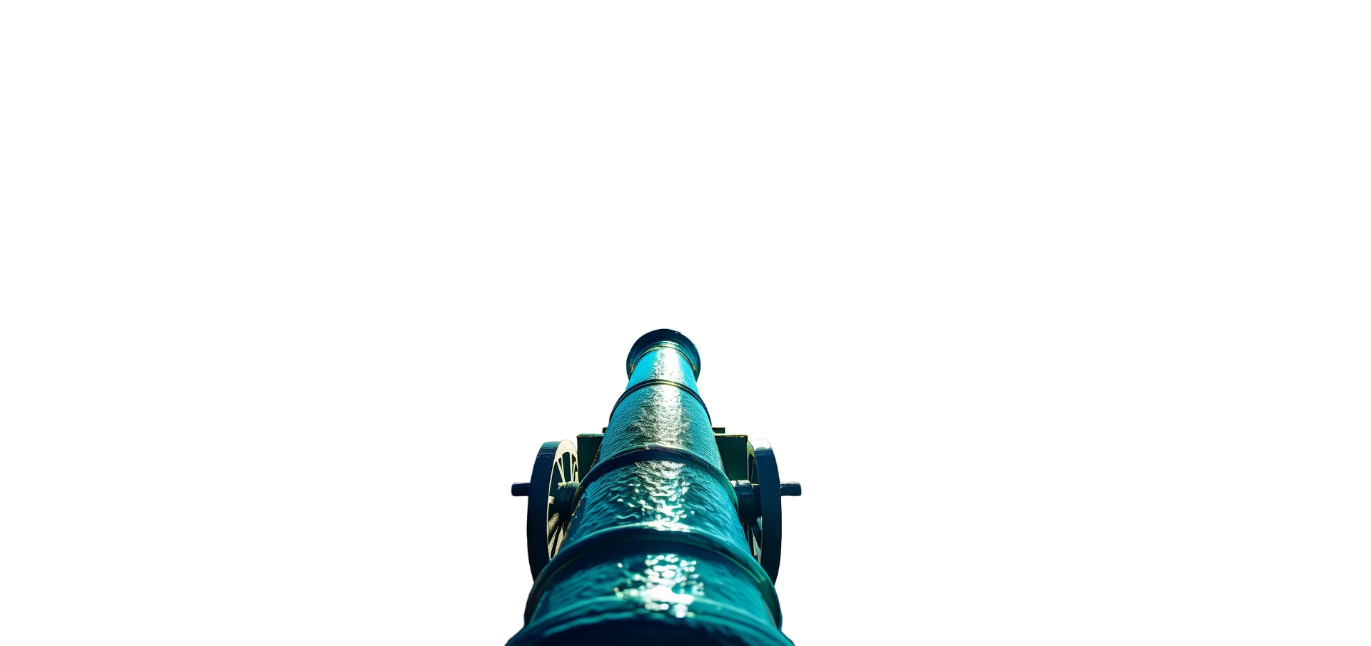 The Coffy Town cannon, teal metal against the dark