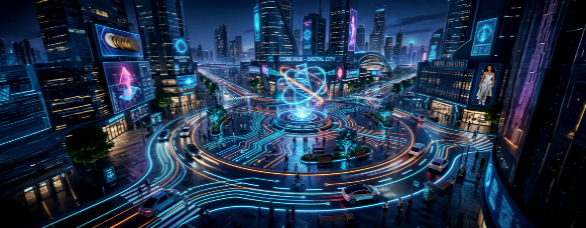 Neon-lit Coffy Town business district at night, glowing teal and copper light trails rising around the towers