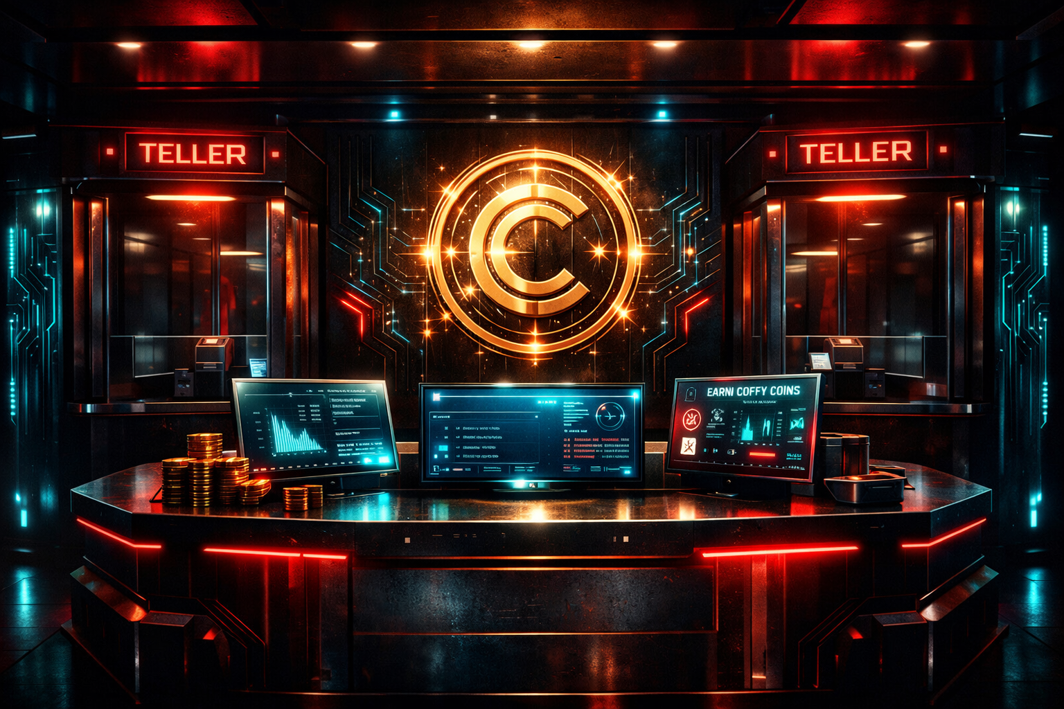 Coffy Town Bank — futuristic neon teller windows with the Coffy Coin emblem above the counter