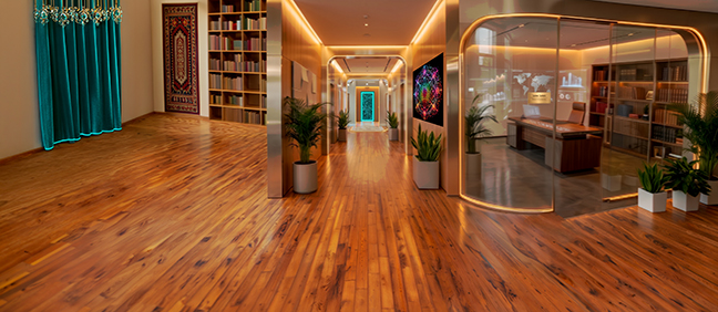 Coffy Town Community Center — warm wood corridor with gallery alcoves