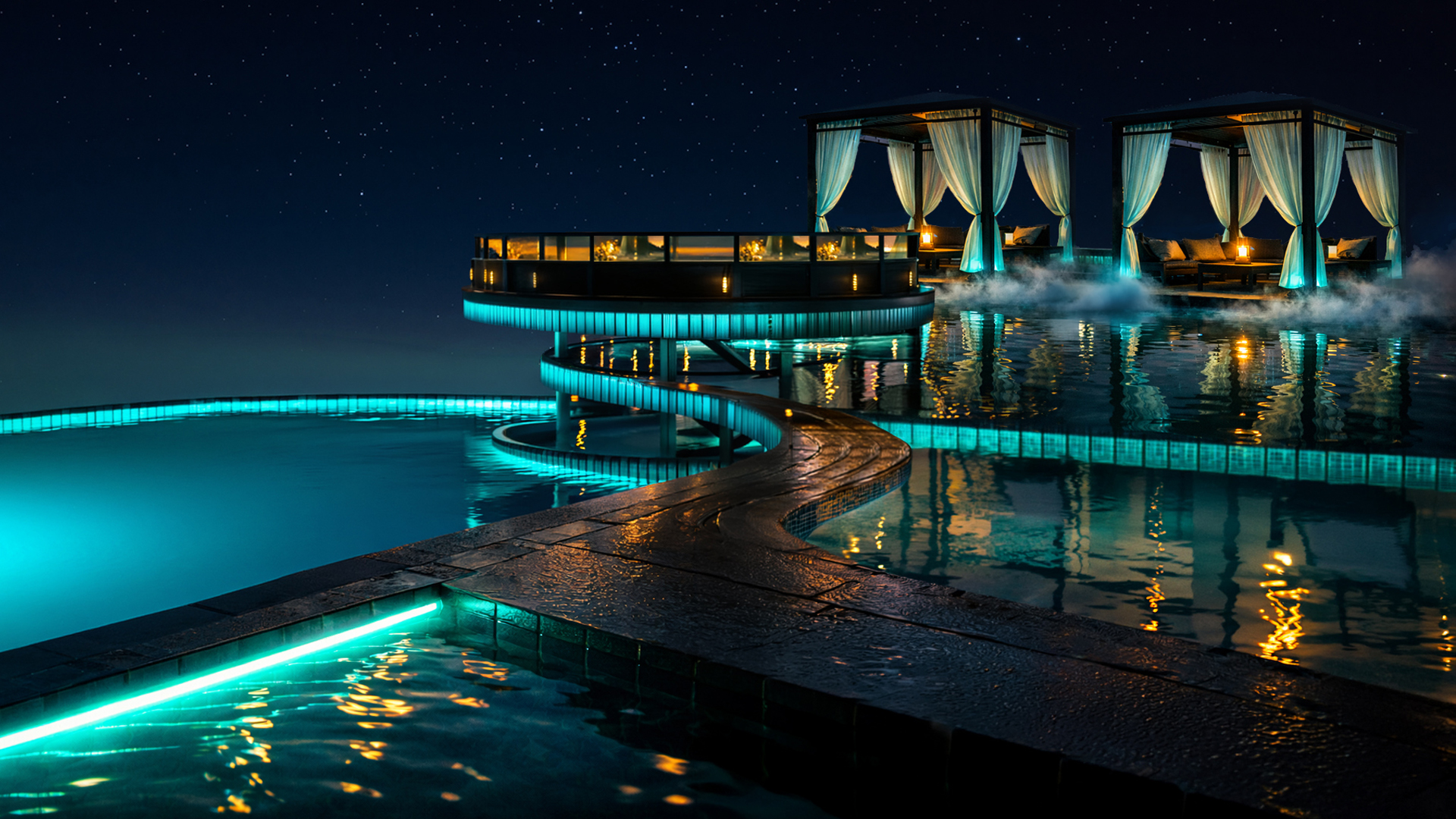 Rooftop Pool at the HIP IP Tower — teal-lit water and candlelit cabanas