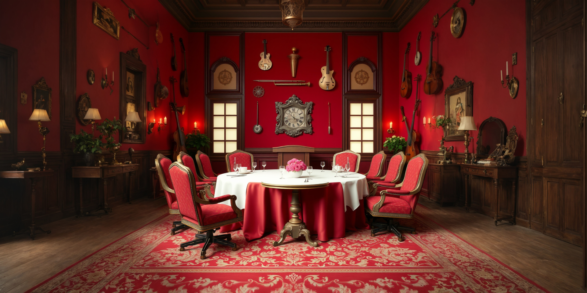 HIP Boardroom — a richly appointed red room with a round table, ornate chairs, and instruments on the walls