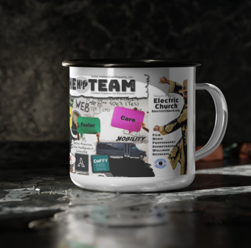 White enamel camp mug with The HIP Team collage and Electric Church art