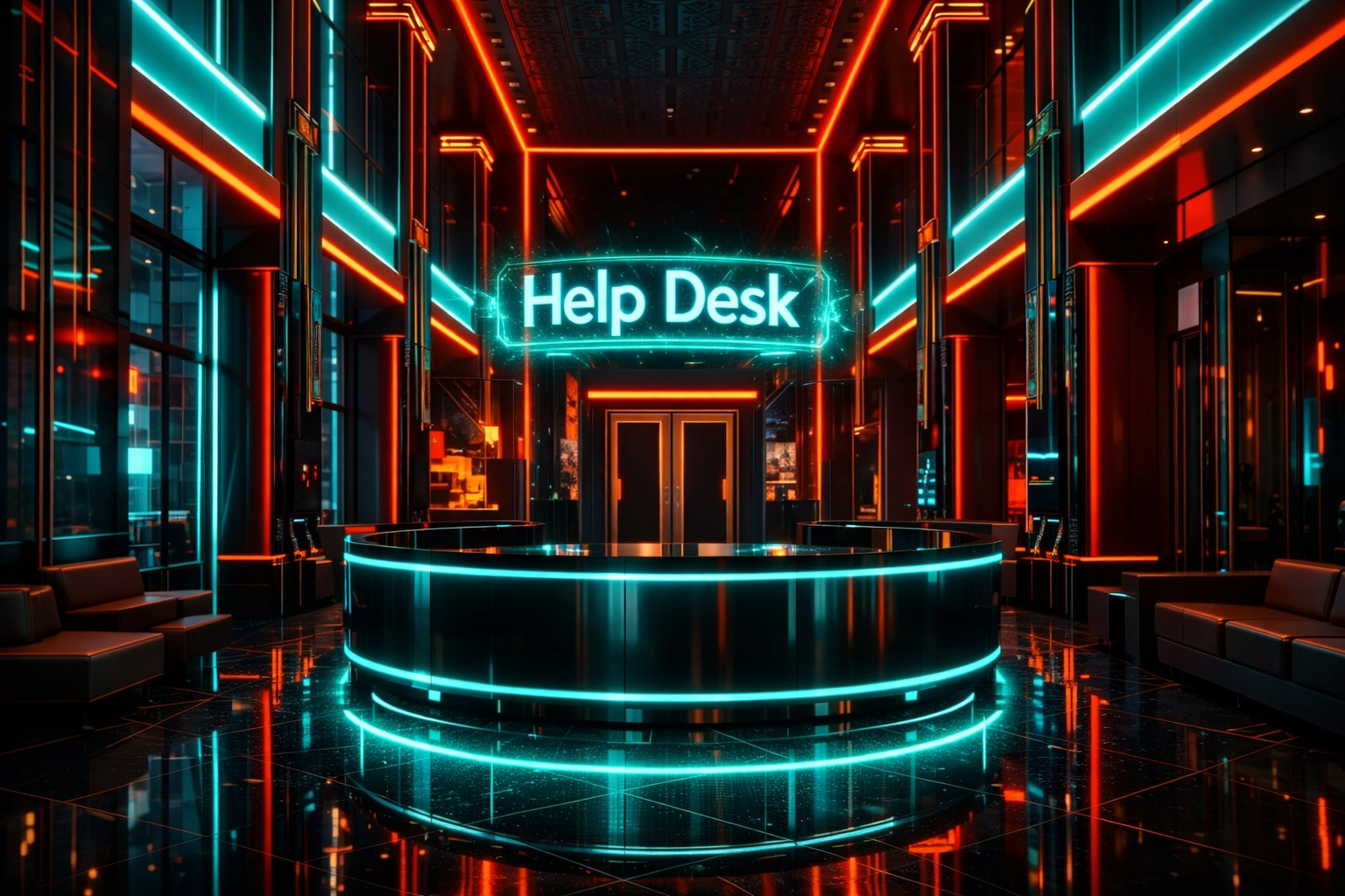 The neon Help Desk in the HIP IP Tower lobby