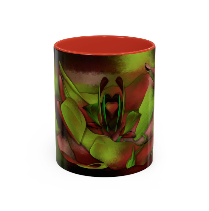 Red-interior mug with red and green painted flower artwork