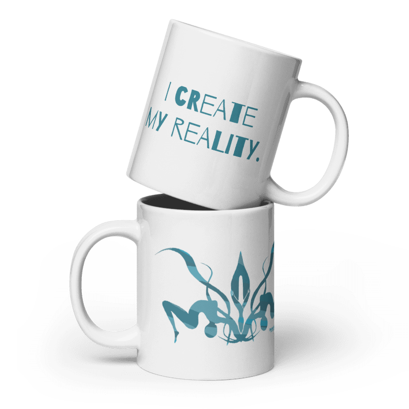 Two white mugs with teal Punany flower remix art and the words I Create My Reality