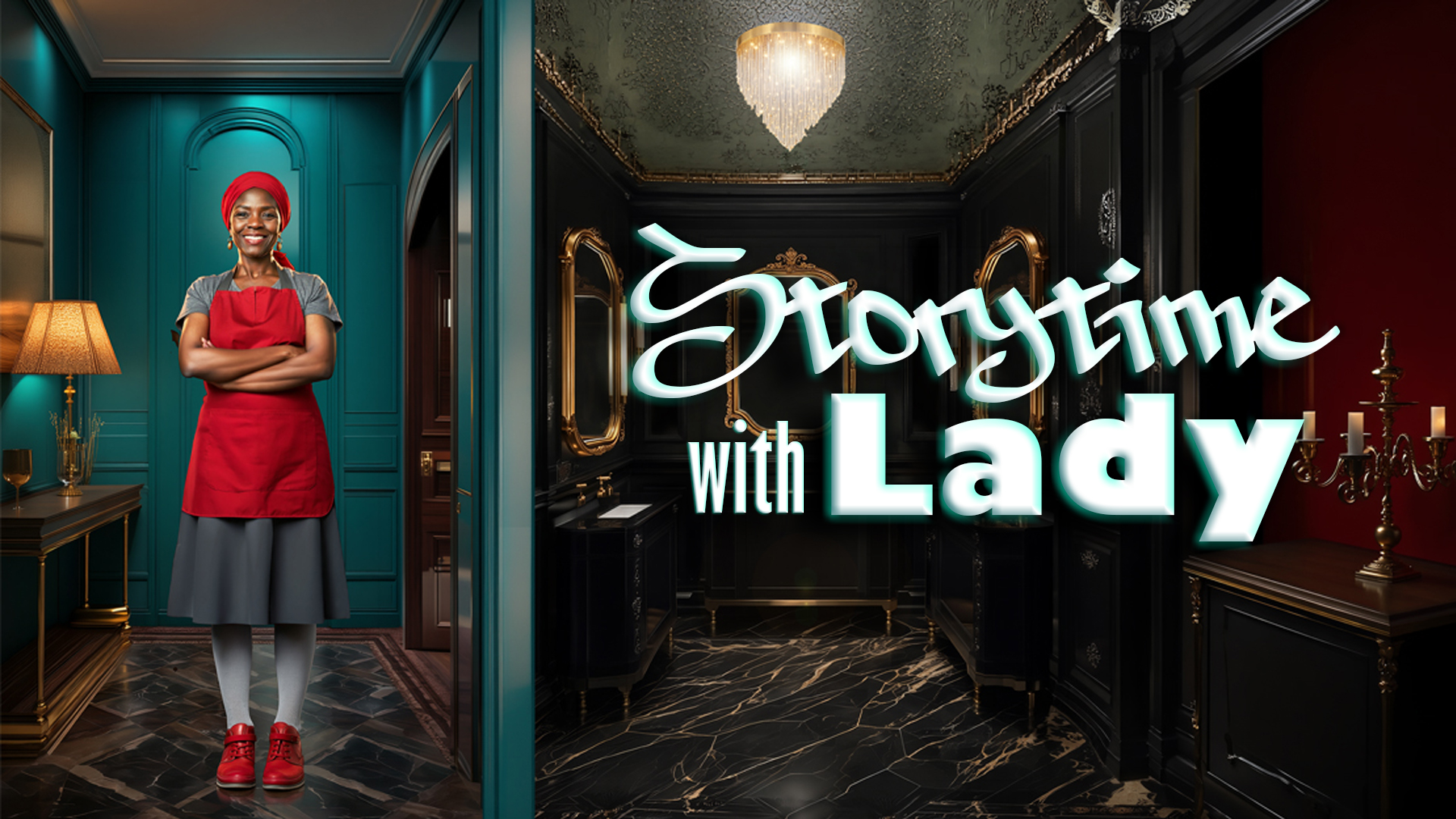 Storytime with Lady — Lady in a red headwrap and apron standing in a noir parlor