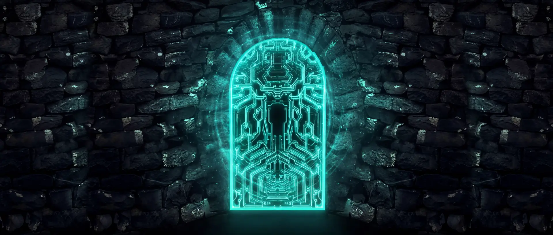 Neon circuit archway glowing in a black stone wall