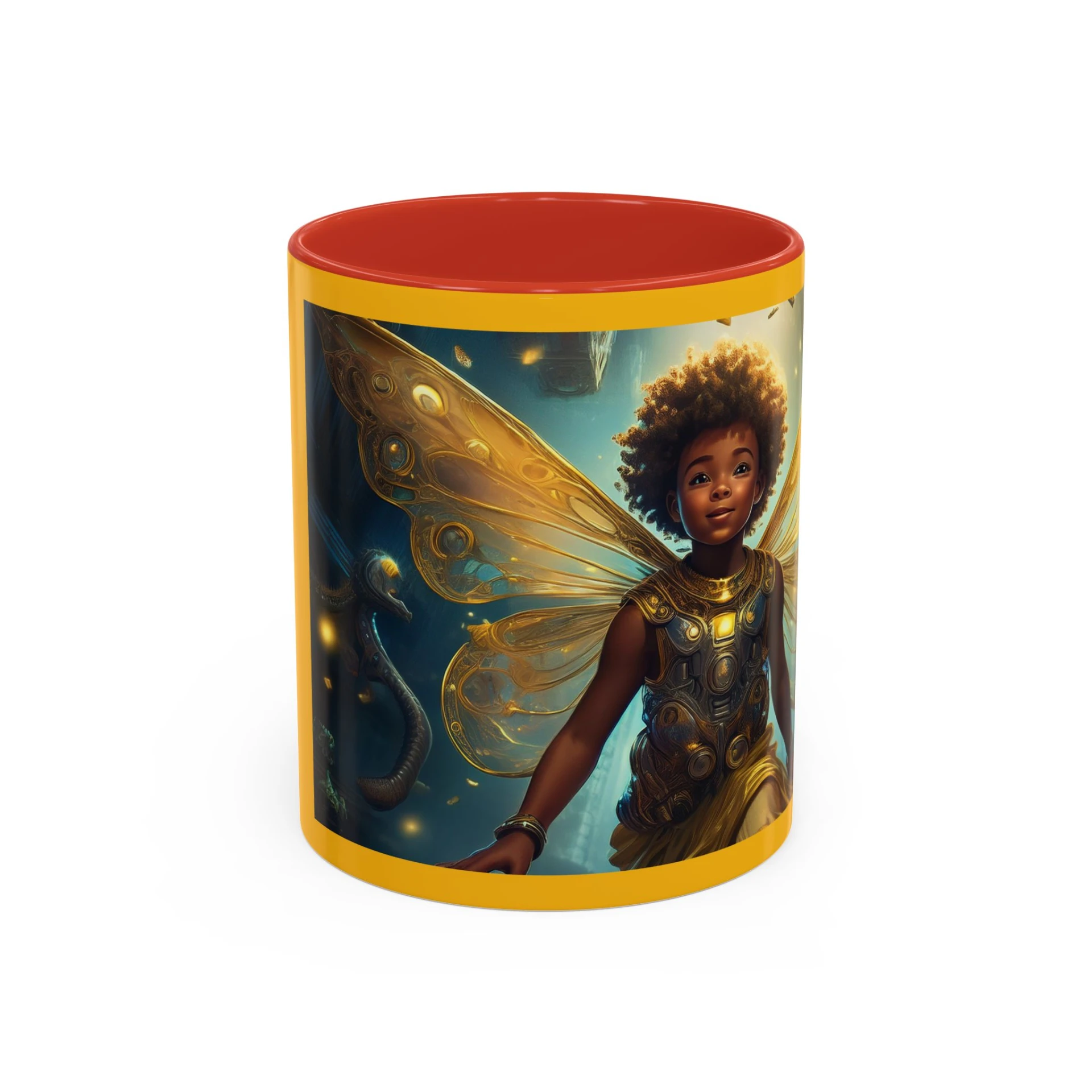 Yellow and red mug with golden-winged brown fairy hero artwork