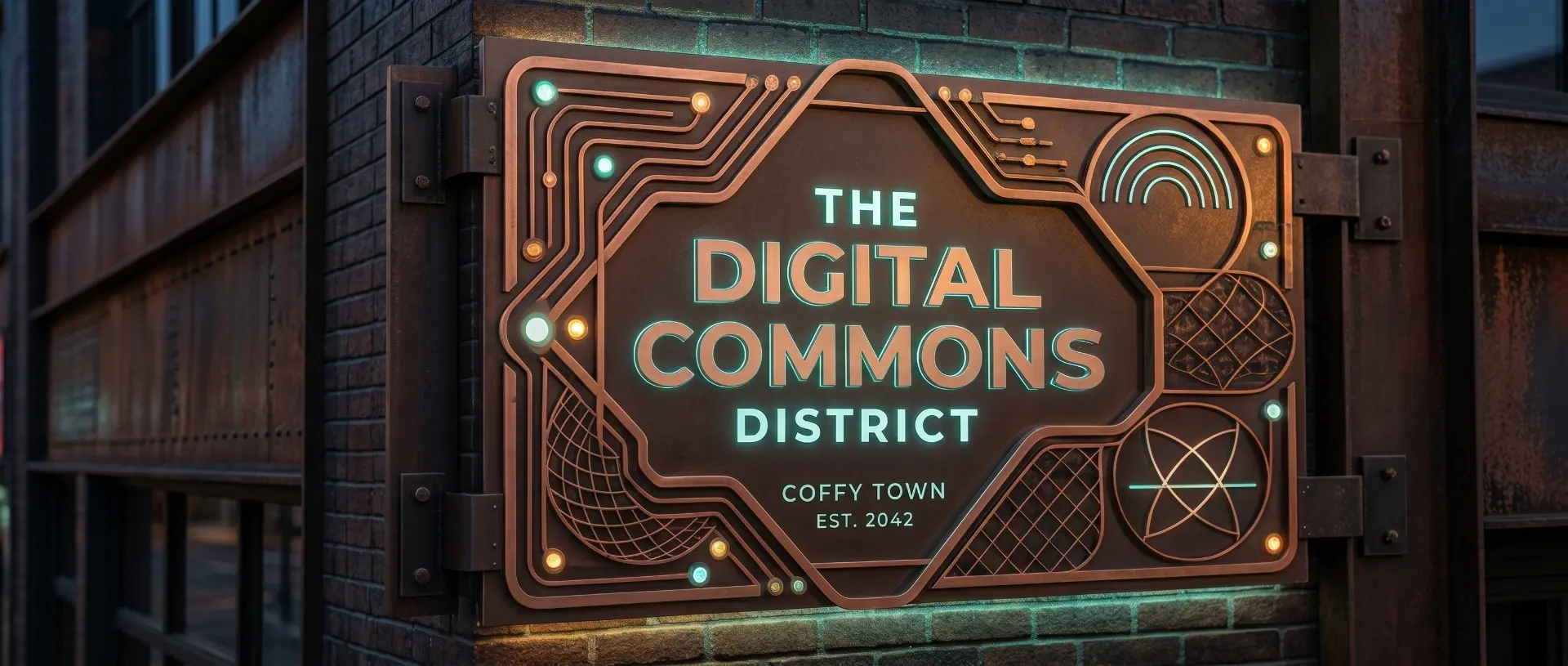 Copper and neon-teal district sign reading The Digital Commons District, Coffy Town, est. 2042.