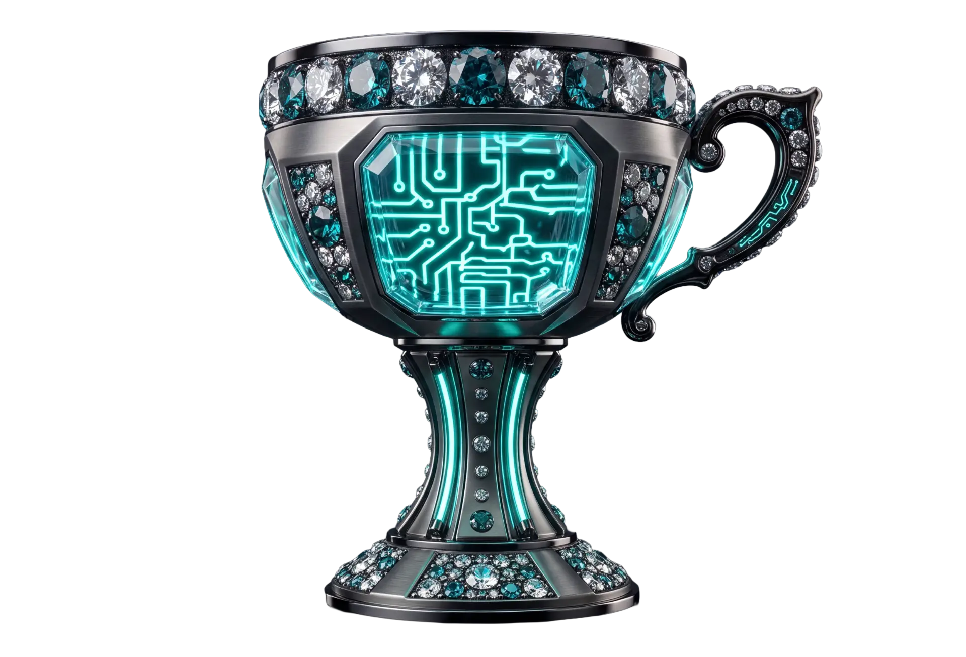 The Coffy Town Players Cup — a gunmetal jewelled chalice with a glowing teal circuit panel