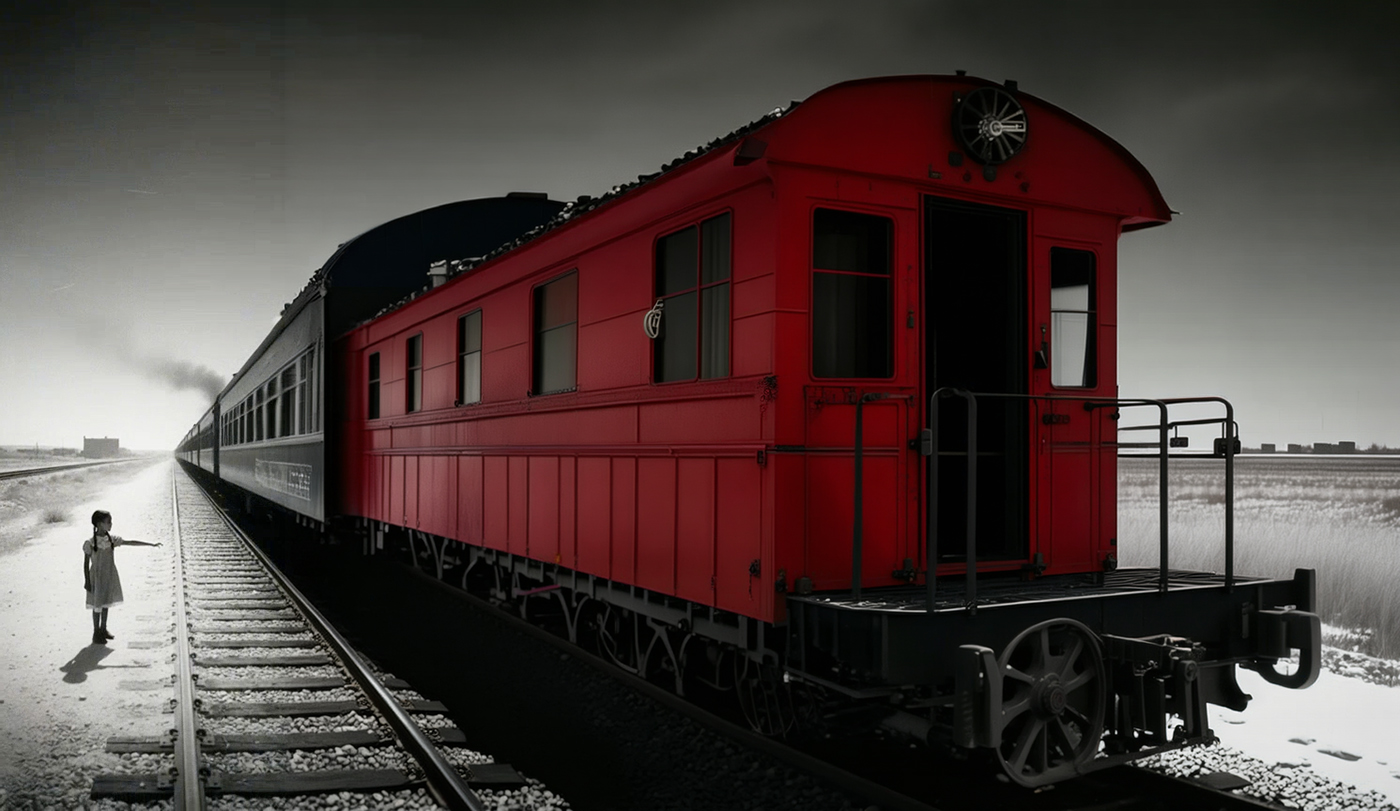 The writer as a little girl reaching toward a red railcar on desolate tracks