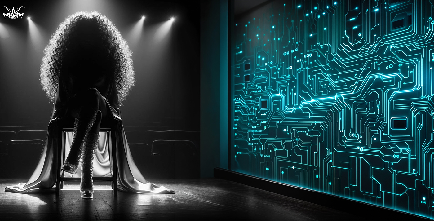 The Writer seated beside the glowing circuit wall
