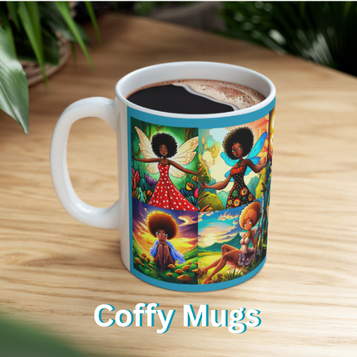 White mug with a collage of brown fairy illustrations and the words Coffy Mugs