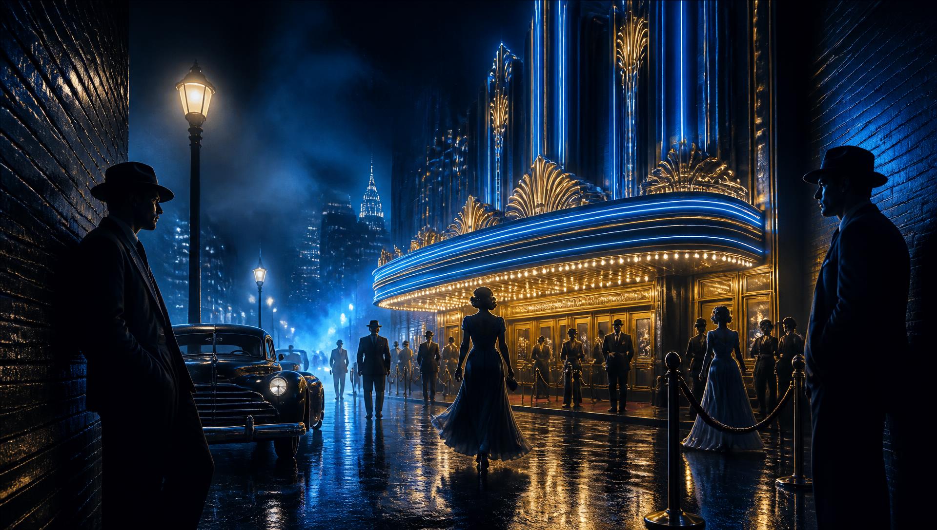 A vintage neon-noir cinema at night: gold marquee lights, blue neon, fog, men in fedoras and women in evening dresses along the velvet rope.